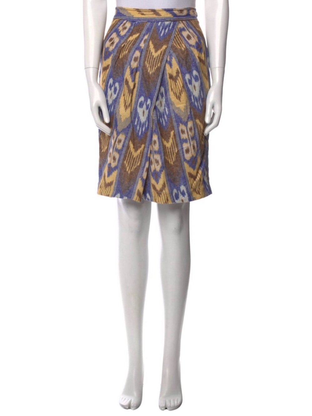 Tory Burch Linen Ikat Print Skirt US 2 XS Gold Blue A-Line Resort Wear